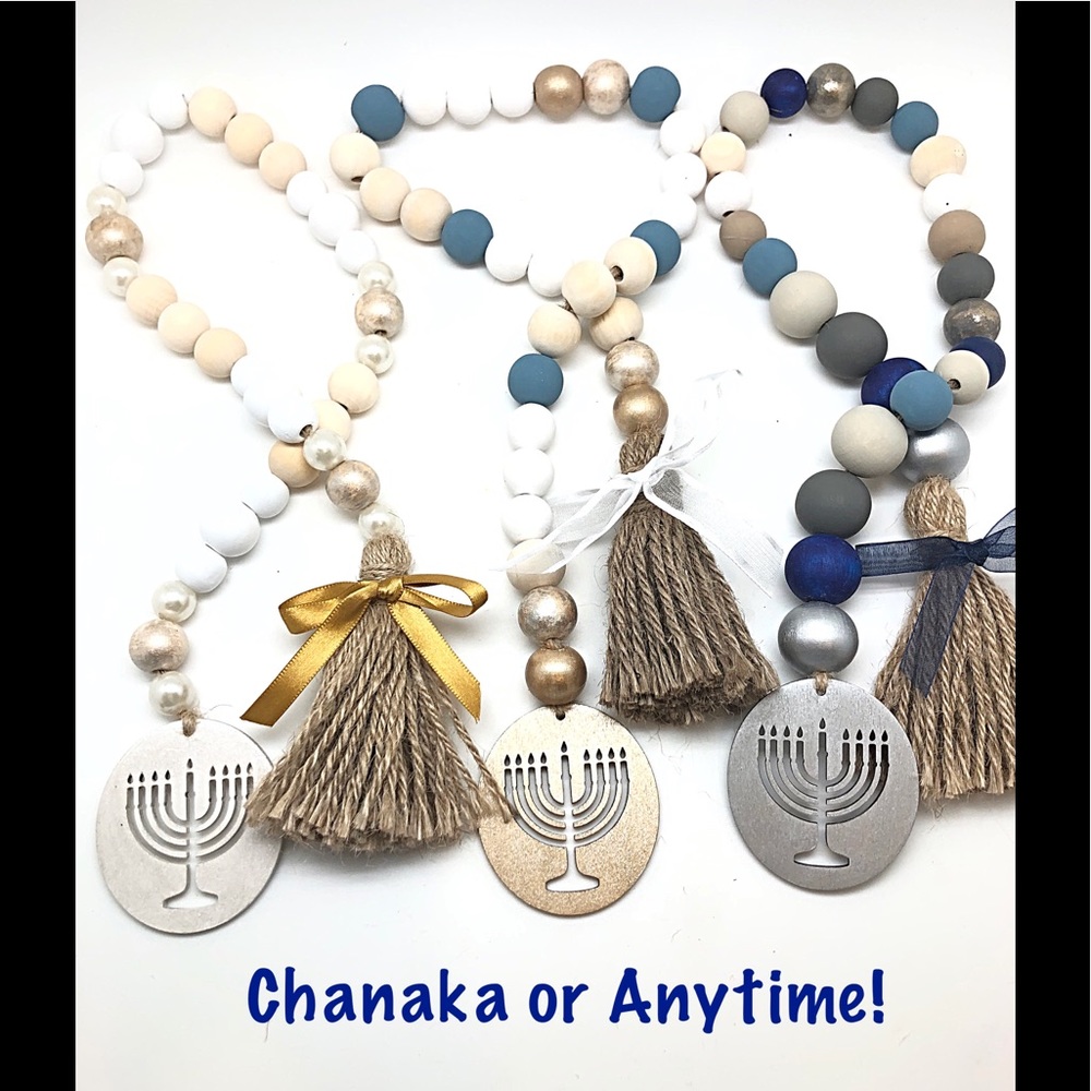 Menorah Wooden Bead Garland Silver, Gold, or Pearlized White, Hand Created